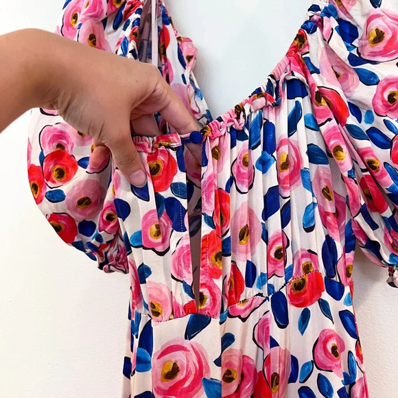 For Love & Lemons Colorful Floral Rose Print Romantic V Neck Ruffled Maxi Dress - Picture 12 of 13